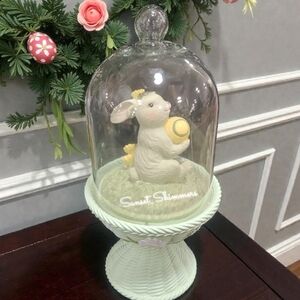 Easter Bunny Rabbit Egg & Flowers In Wicker Style Cloche w/ Daisies Figure Decor